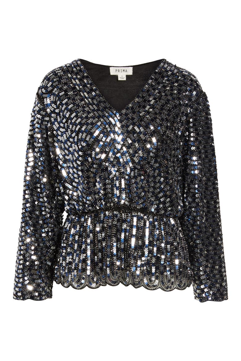 Prima Sequin Scalloped Peplum Top, Alternate, color, SILVER