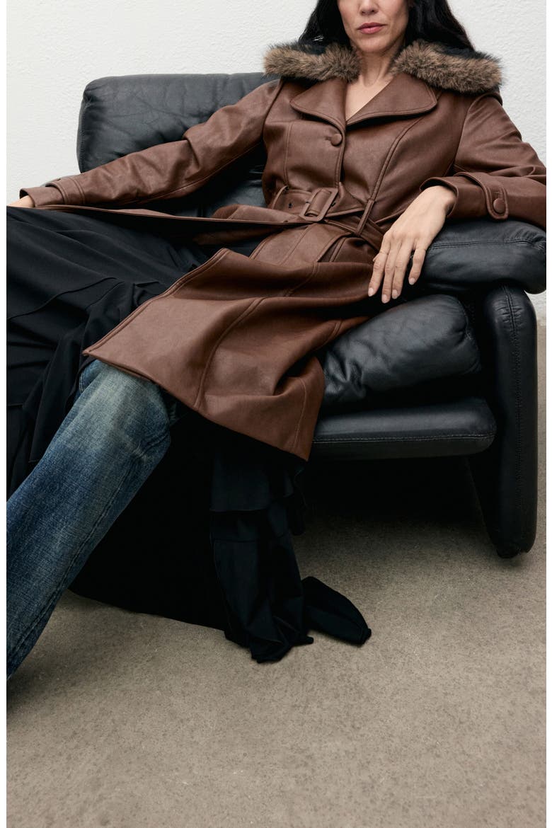 Fernanda Faux Leather Belted Coat with Removable Faux Fur Trim, Alternate, color, MEDIUM BROWN