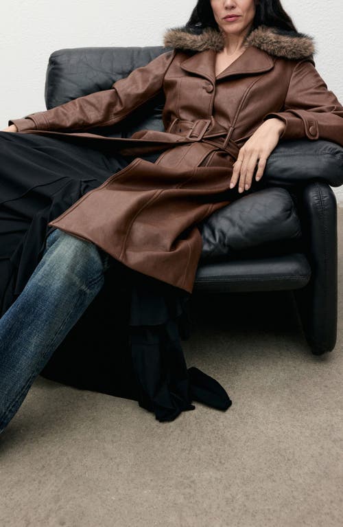Mango Fernanda Faux Leather Belted Coat With Removable Faux Fur Trim In Brown