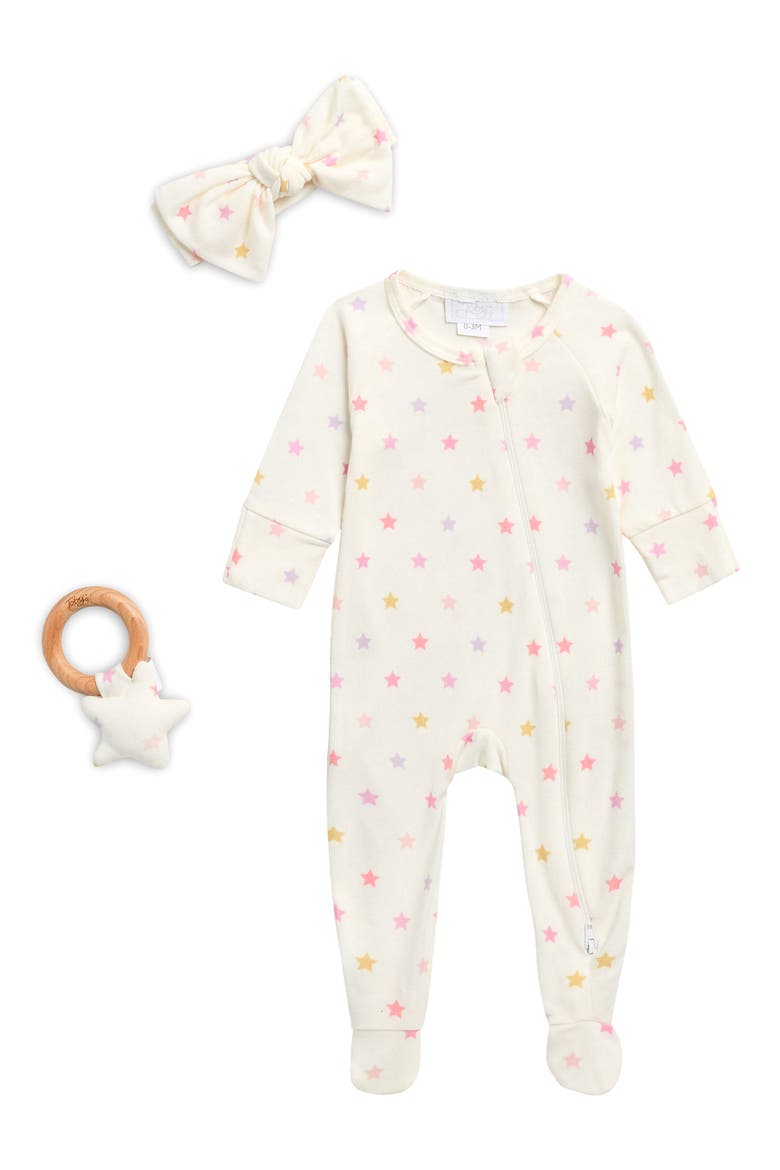 Rainbow Stars Footie, Bow Headband & Teether Set, Main, color, WHITE