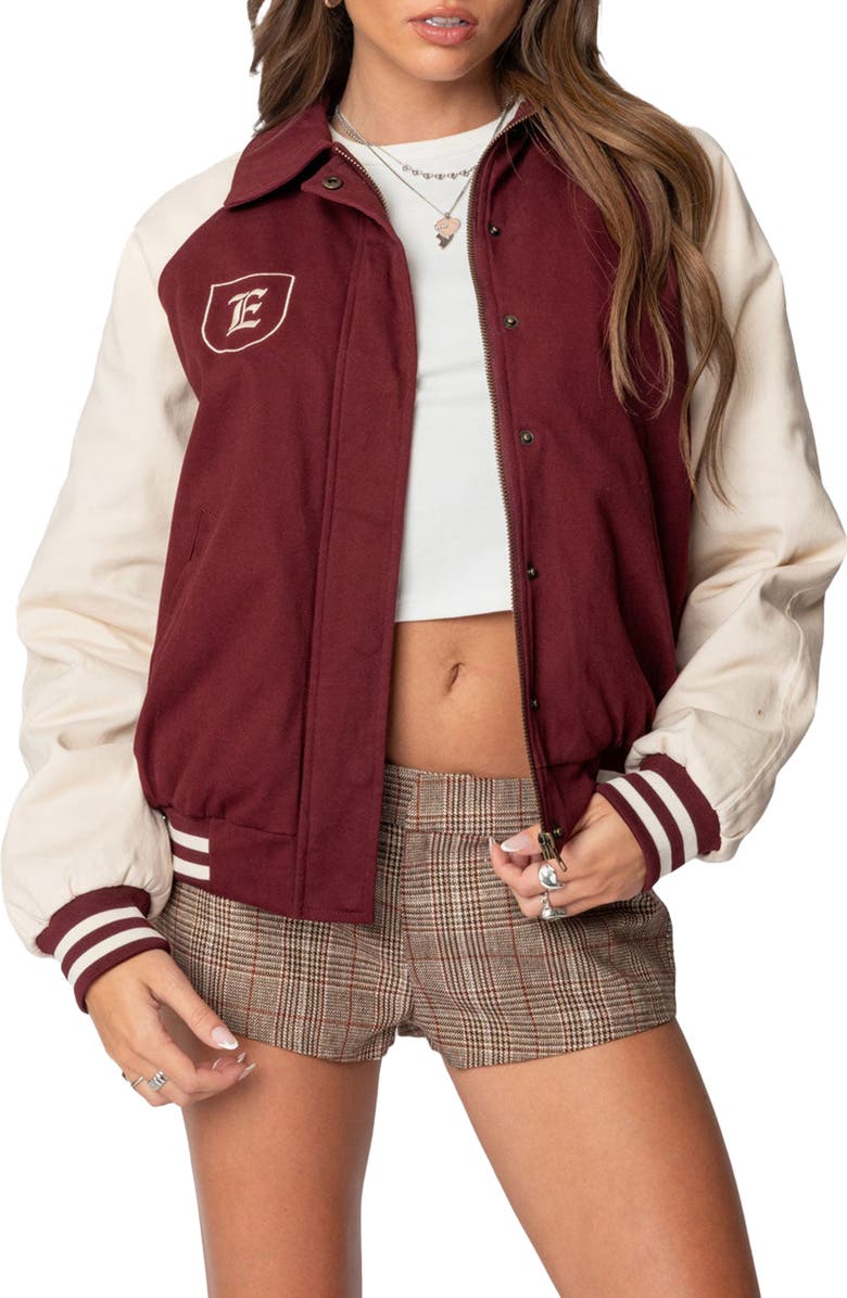 EDIKTED Oversize Varsity Bomber Jacket, Main, color, Burgundy