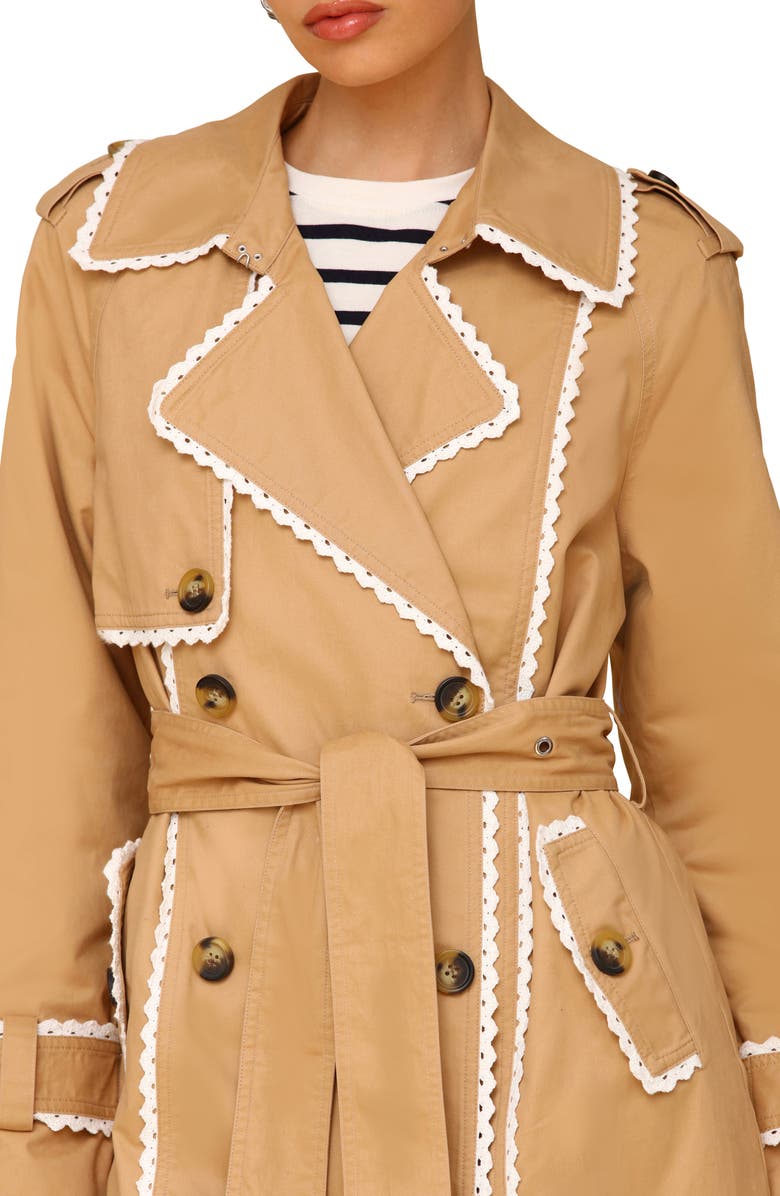 Avec Les Filles Lace Trim Double Breasted Cotton Trench Coat, Alternate, color,