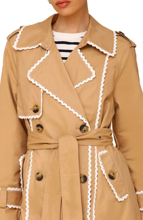 Avec Les Filles Lace Trim Double Breasted Cotton Trench Coat In Taupe