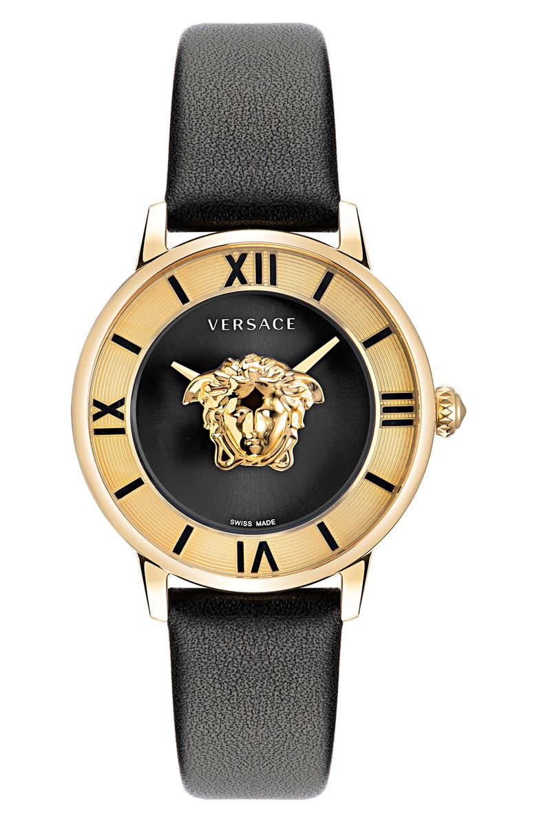 Versace La Medusa Leather Strap Watch, 38mm, Main, color,