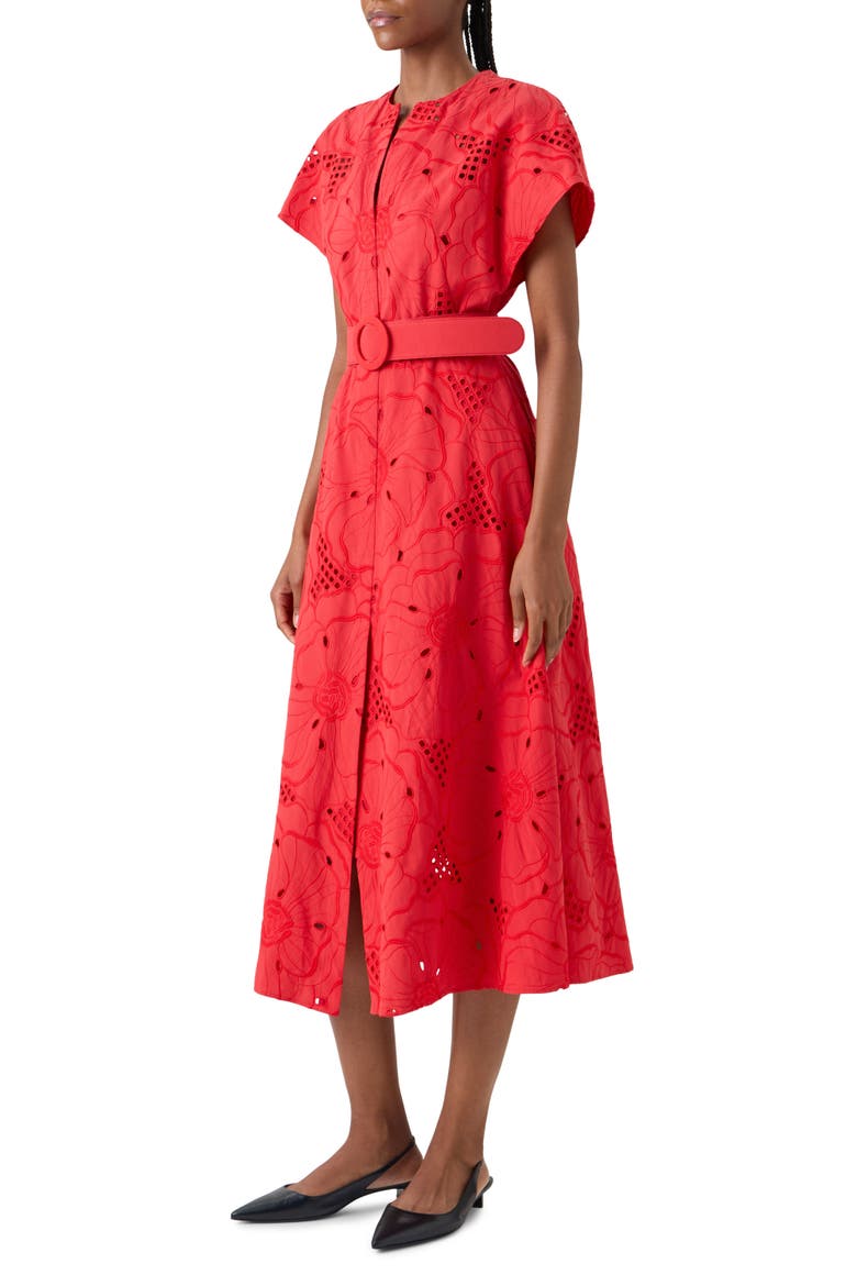 Floral Eyelet Embroidered Belted Cotton Poplin Dress, Alternate, color, RED