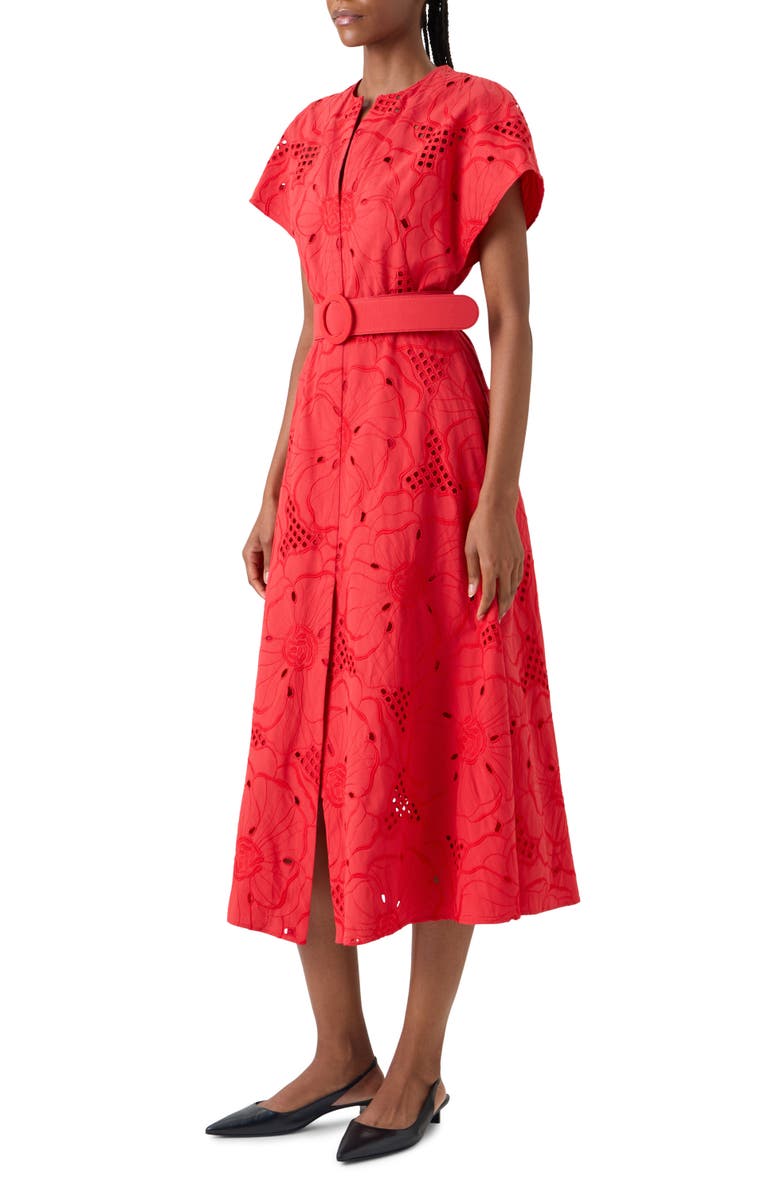 Akris punto Floral Eyelet Embroidered Belted Cotton Poplin Dress, Alternate, color, Red