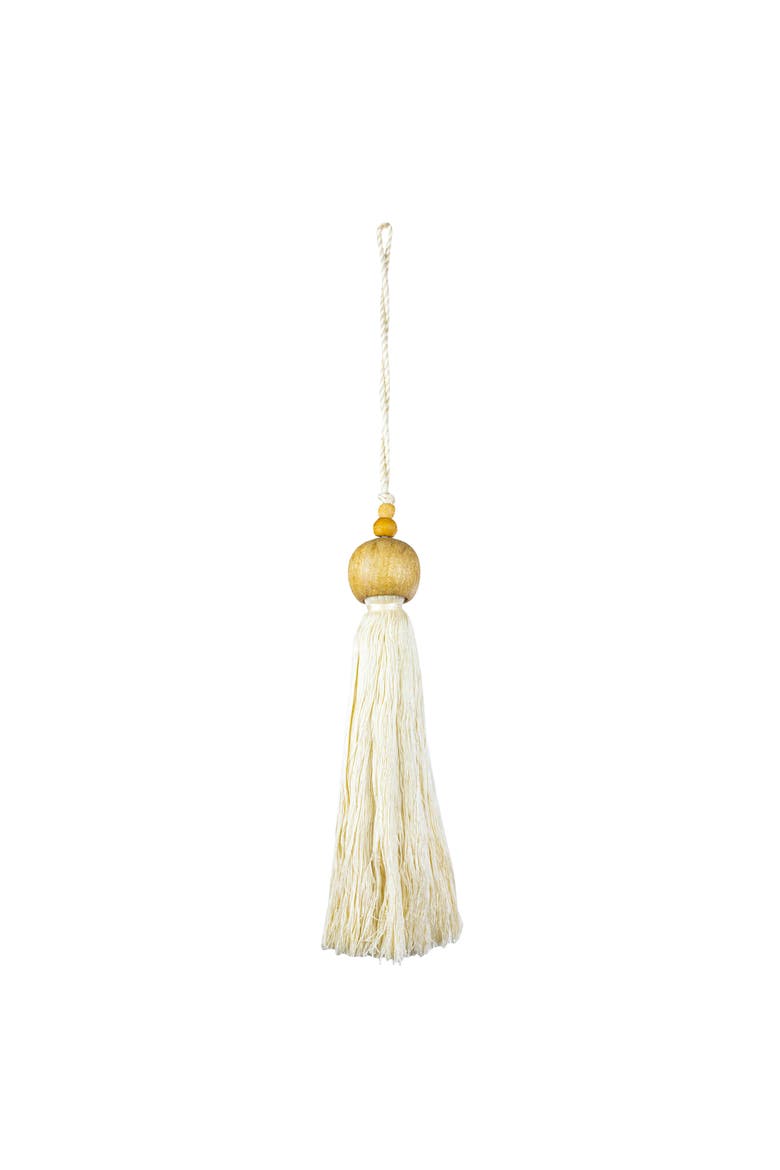 Beaded Cap Tassel White Cotton & Wood, Main, color, White