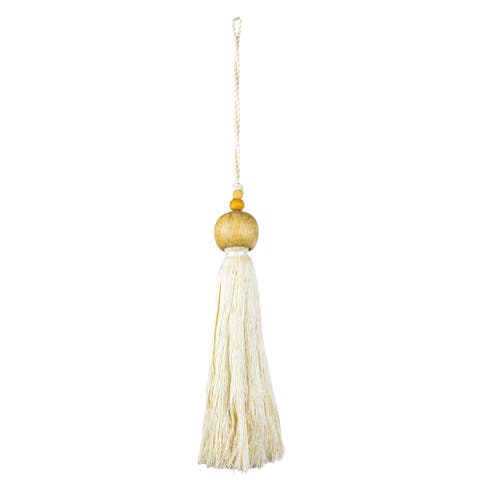 Beaded Cap Tassel White Cotton & Wood
