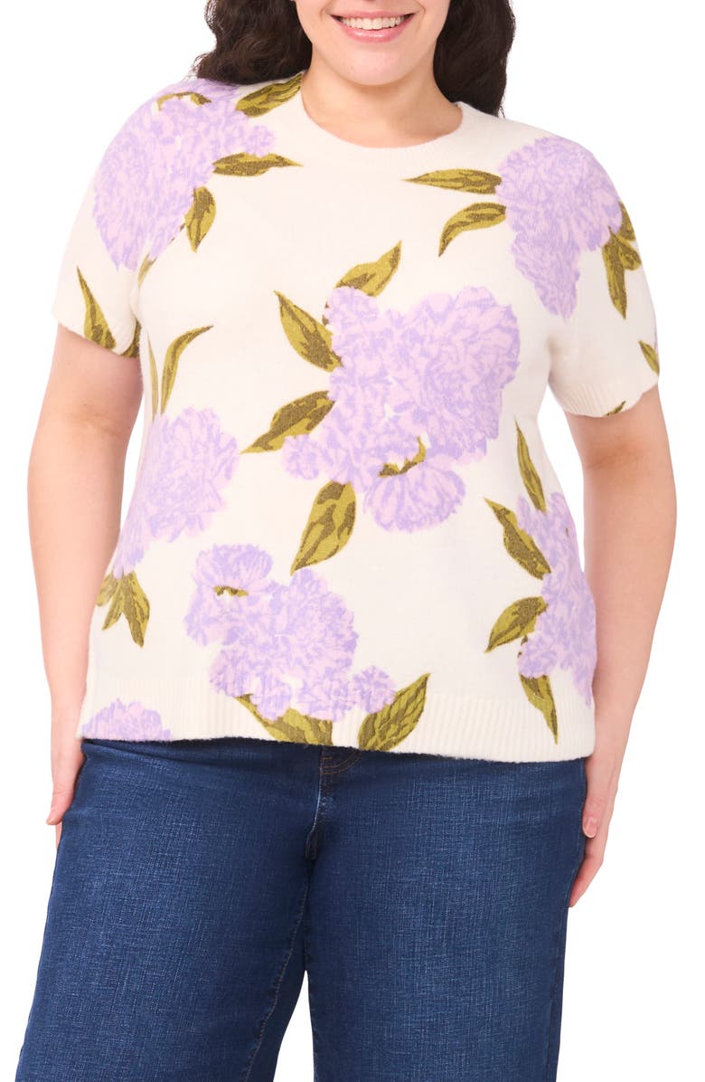 CeCe Hydrangea Short Sleeve Sweater, Main, color, Orchid Petal