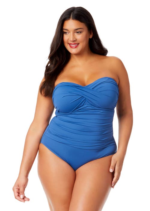 Anne Cole Plus Plus Palm Chic Twist Front Shirred One Piece Swimsuit In Slate Blue