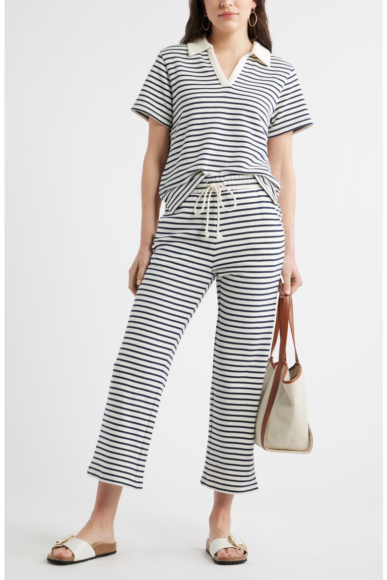 French Terry Polo, Alternate, color, IVORY- NAVY STRIPE