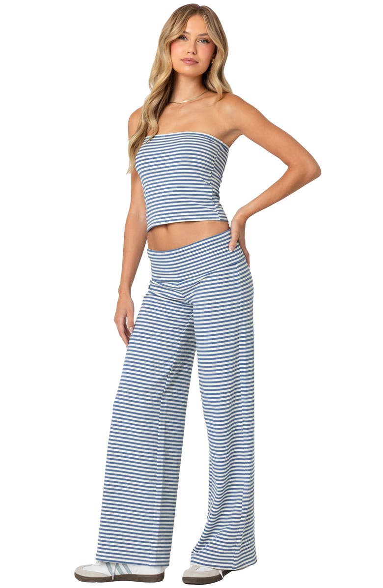 EDIKTED Lilah Stripe Foldover Pants, Alternate, color, Blue-And-White