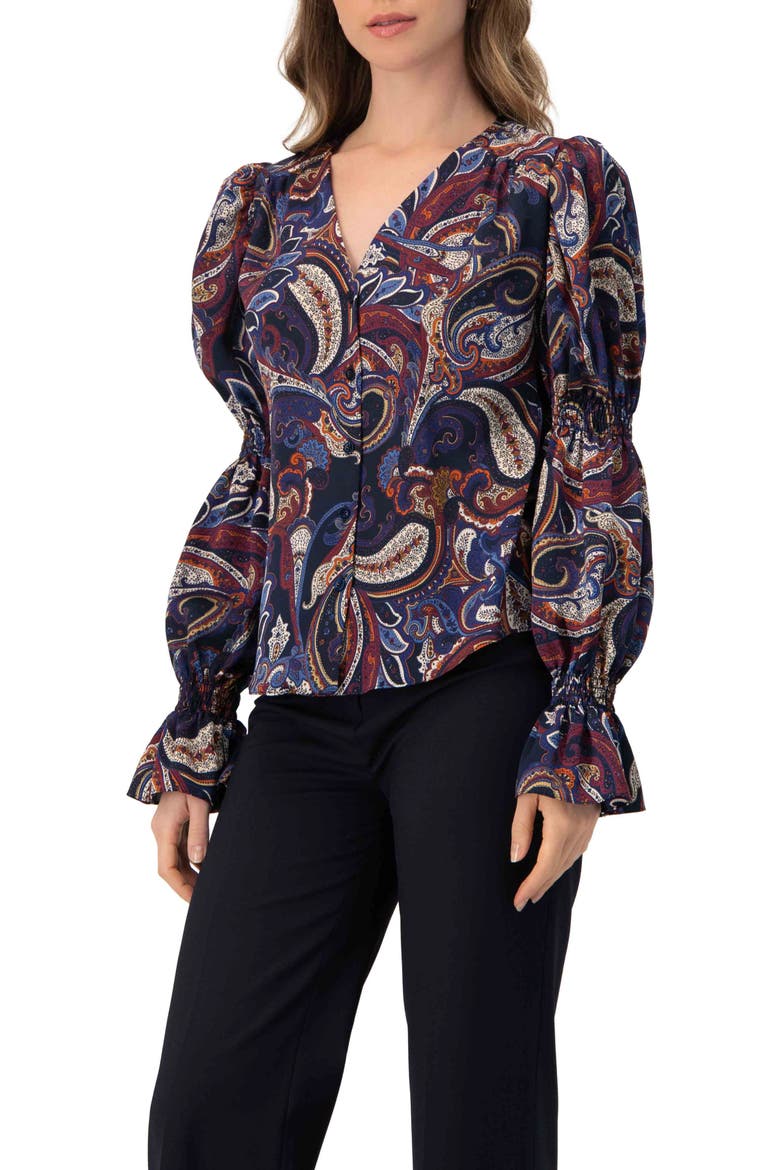 V-Neck Printed Shirt With Smocked Sleeves, Alternate, color, Multi-Brown