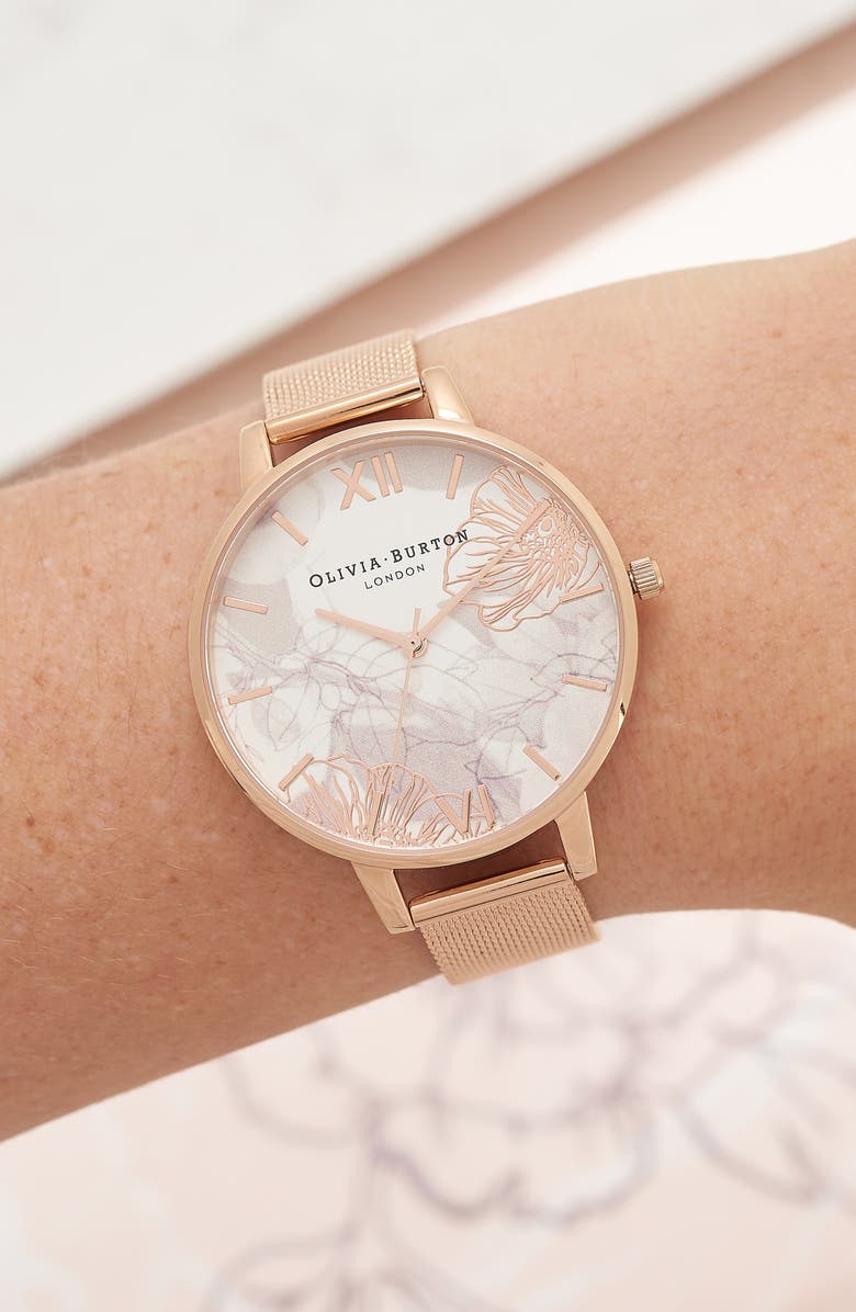 Olivia Burton Oliva Burton Abstract Florals Mesh Bracelet Watch, 38mm, Alternate, color,