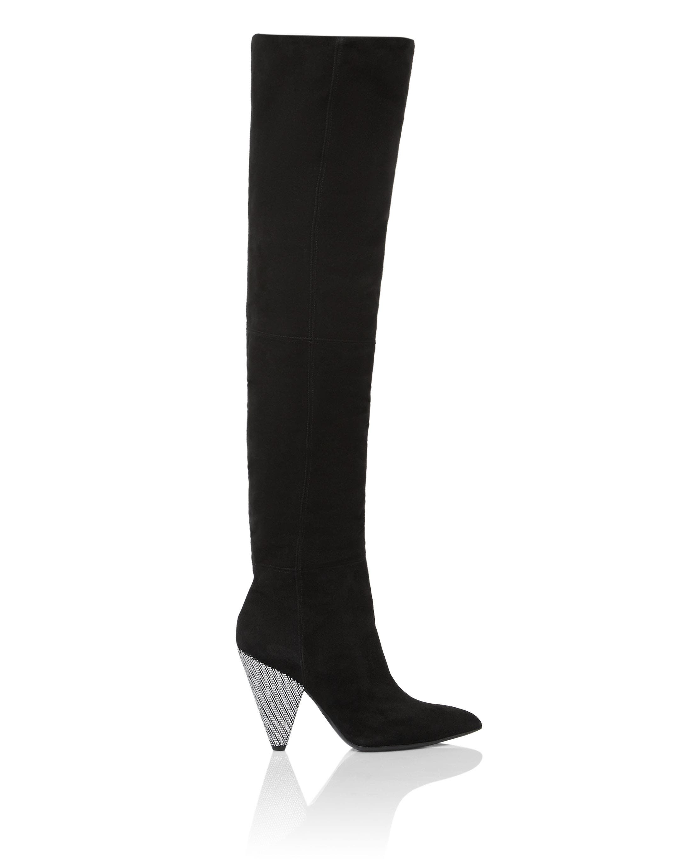 Rhinestone High Heel Suede Boots Women, Alternate, color, black