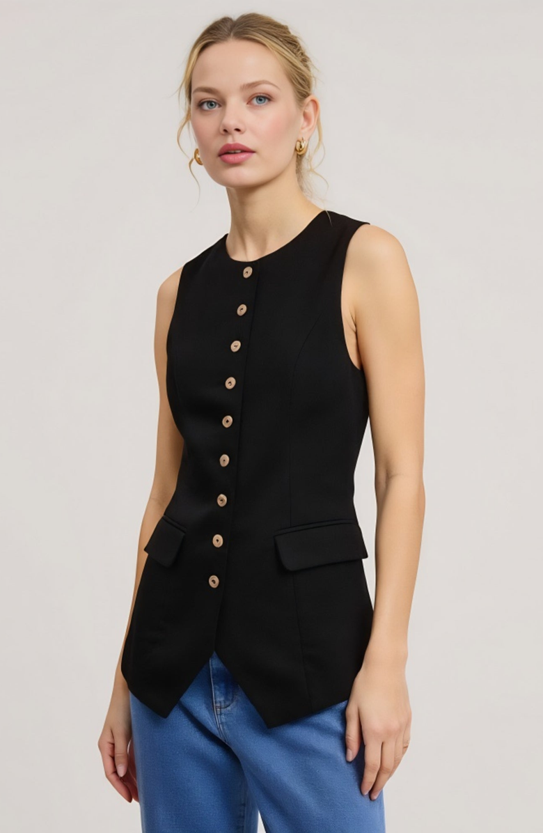 Modenaire Longline Sleeveless Button Flap Pocket Tailored Hem Vest, Alternate, color, Black