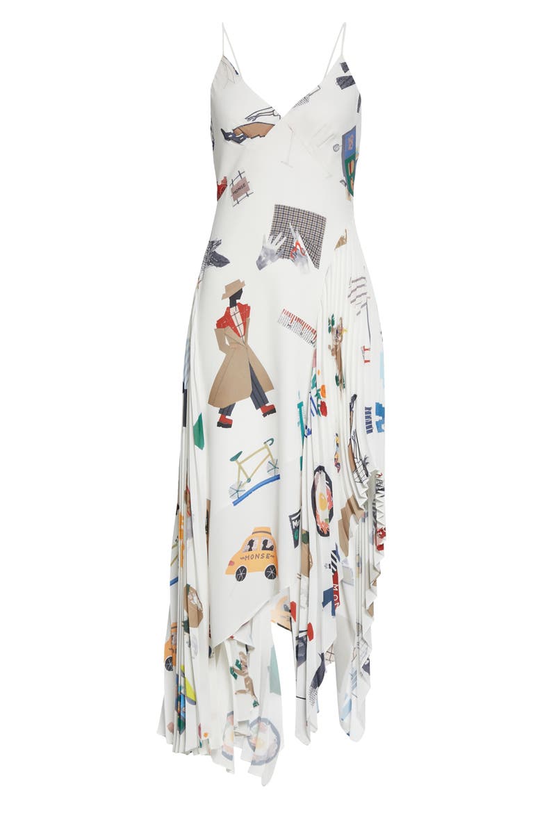 NYC Scrapbook Print Pleated Asymmetric Slipdress, Alternate, color, IVORY MULTI