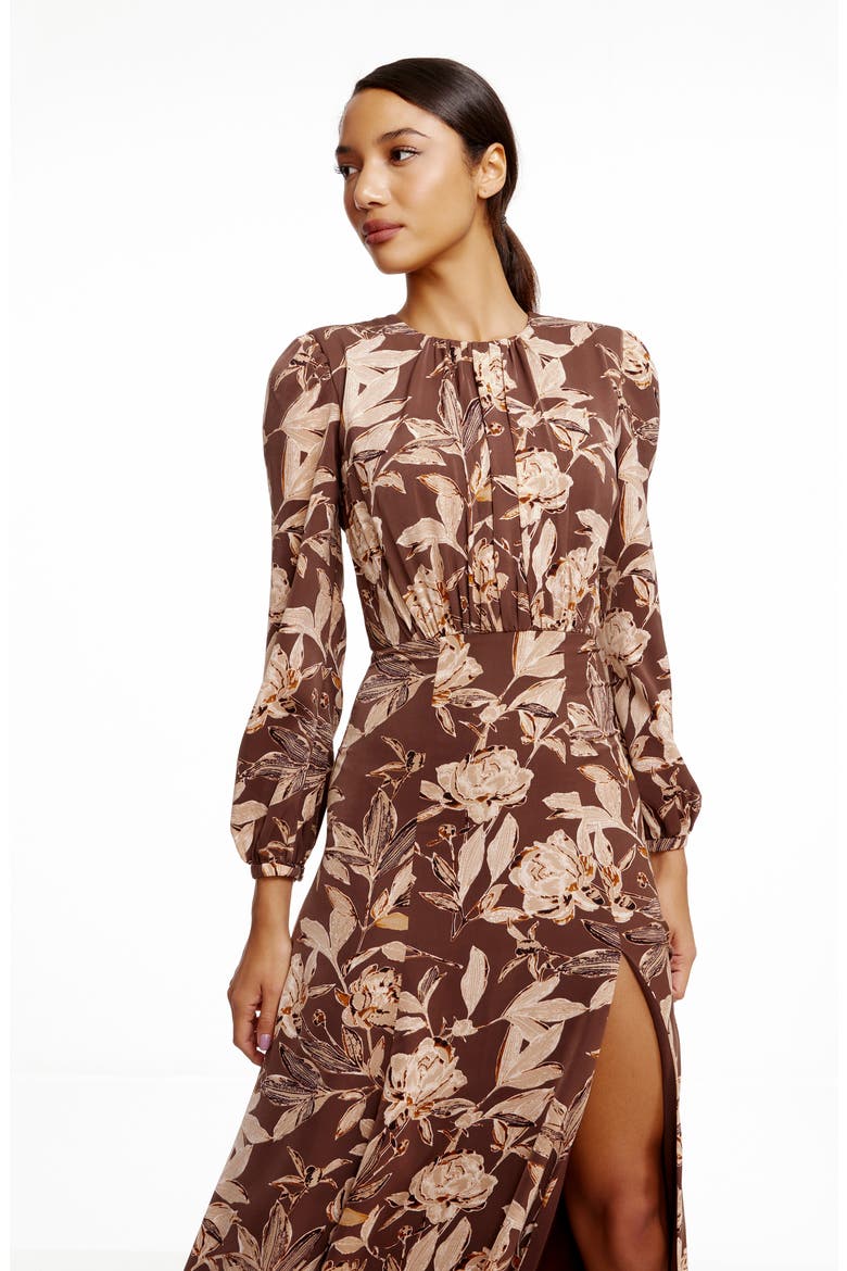 Joni Floral Long Sleeve Satin Gown, Alternate, color, MOCHA MULTI