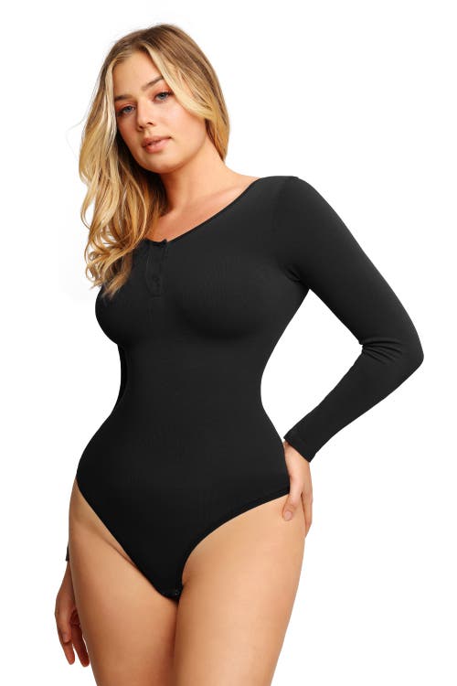 Popilush Shapewear Seamless Modal Long Sleeve Henley Bodysuit In Jet Black