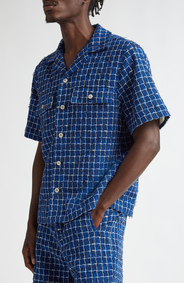 AMIRI Bouclé Check Snap-Up Camp Shirt, Alternate, color, Navy