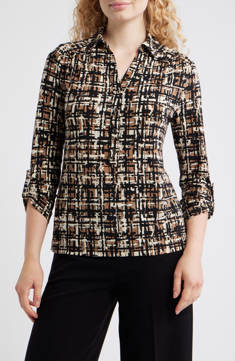 AK ANNE KLEIN Abstract Print Johnny Collar Half Placket Shirt, Main, color, Anne Black/ Vicuna Mlt