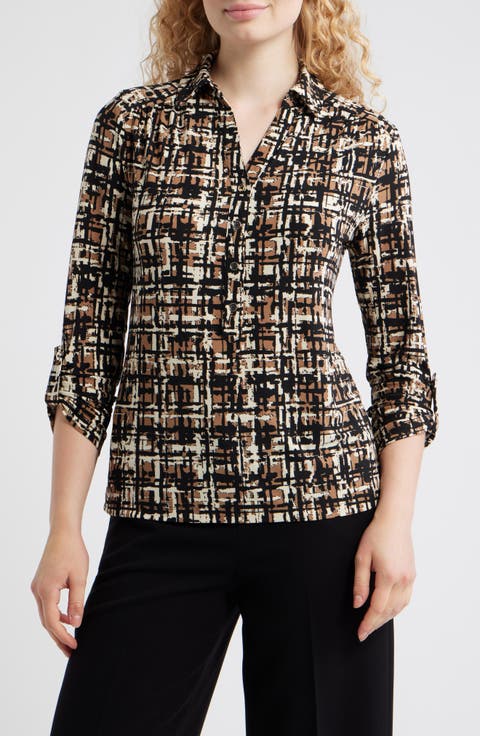 Abstract Print Johnny Collar Half Placket Shirt (Regular & Petite)