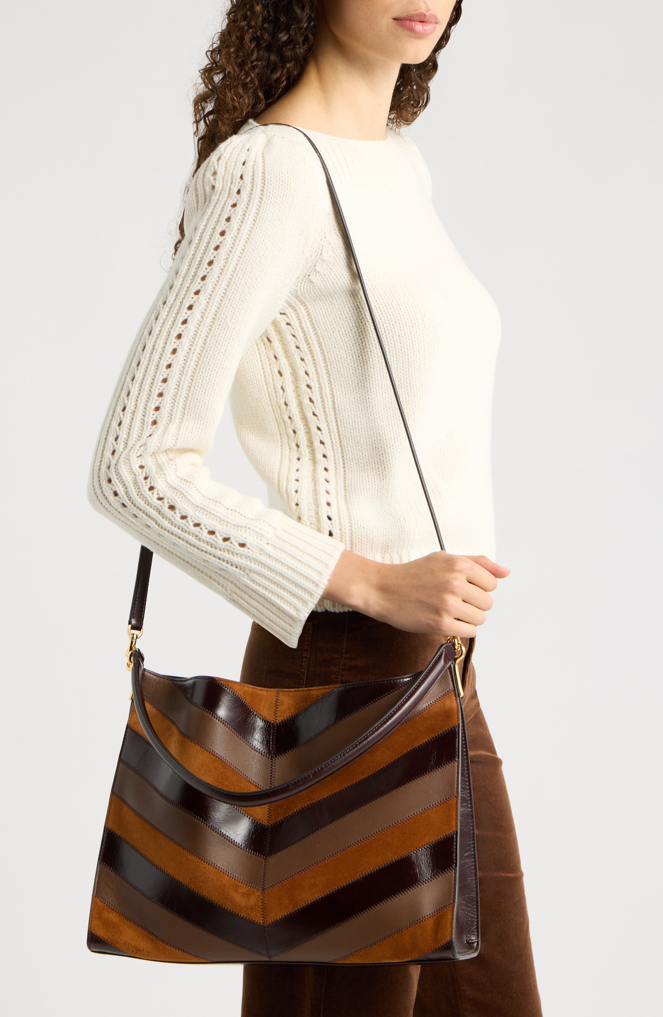 Vida Chevron Leather Shoulder Bag, Alternate, color, TOBACCO MULTI