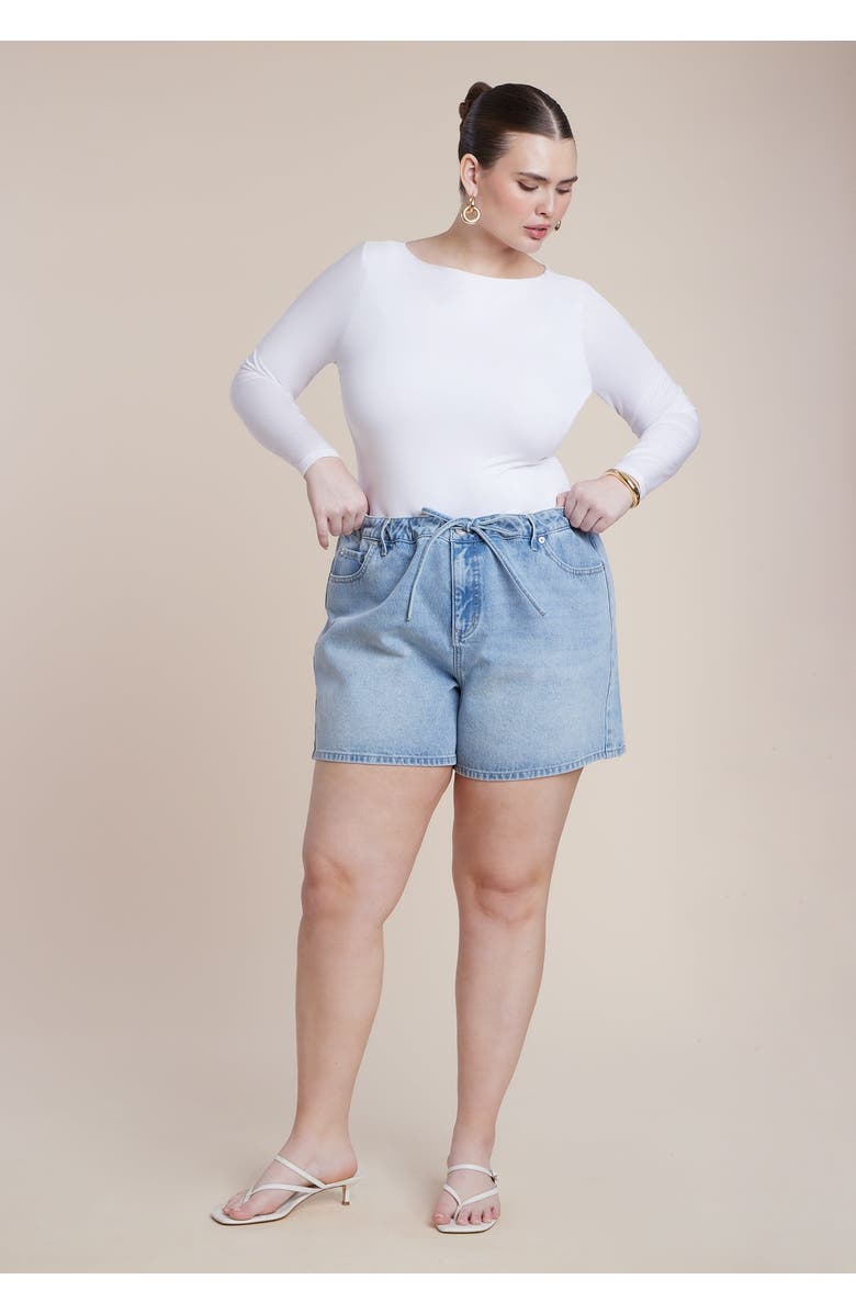 ELOQUII Drawstring Relaxed Denim Short, Main, color, Light Wash