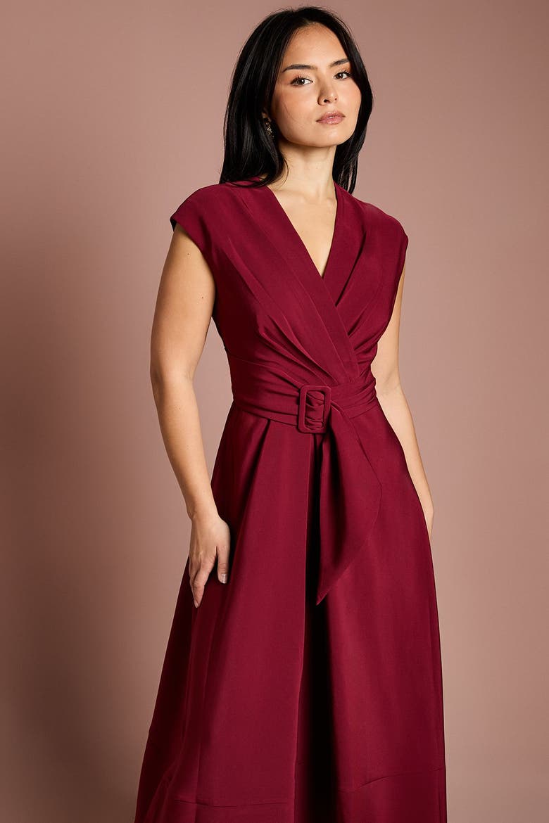 Petite Belted Crepe Dress, Alternate, color, Wine