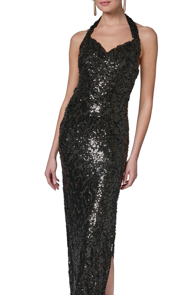 Donna Karan New York Sequin Halter Dress, Alternate, color, Black