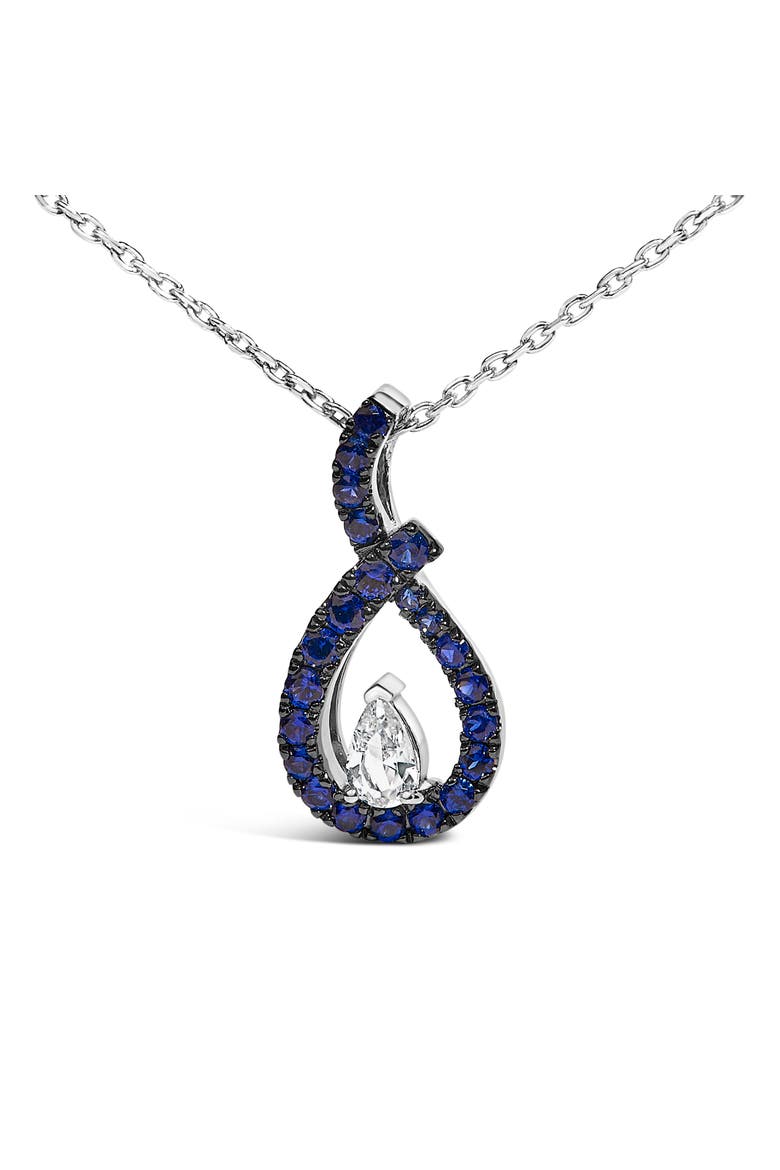 Silver Created Blue and White Sapphire Teardrop Shaped Pendant Necklace, Alternate, color, White