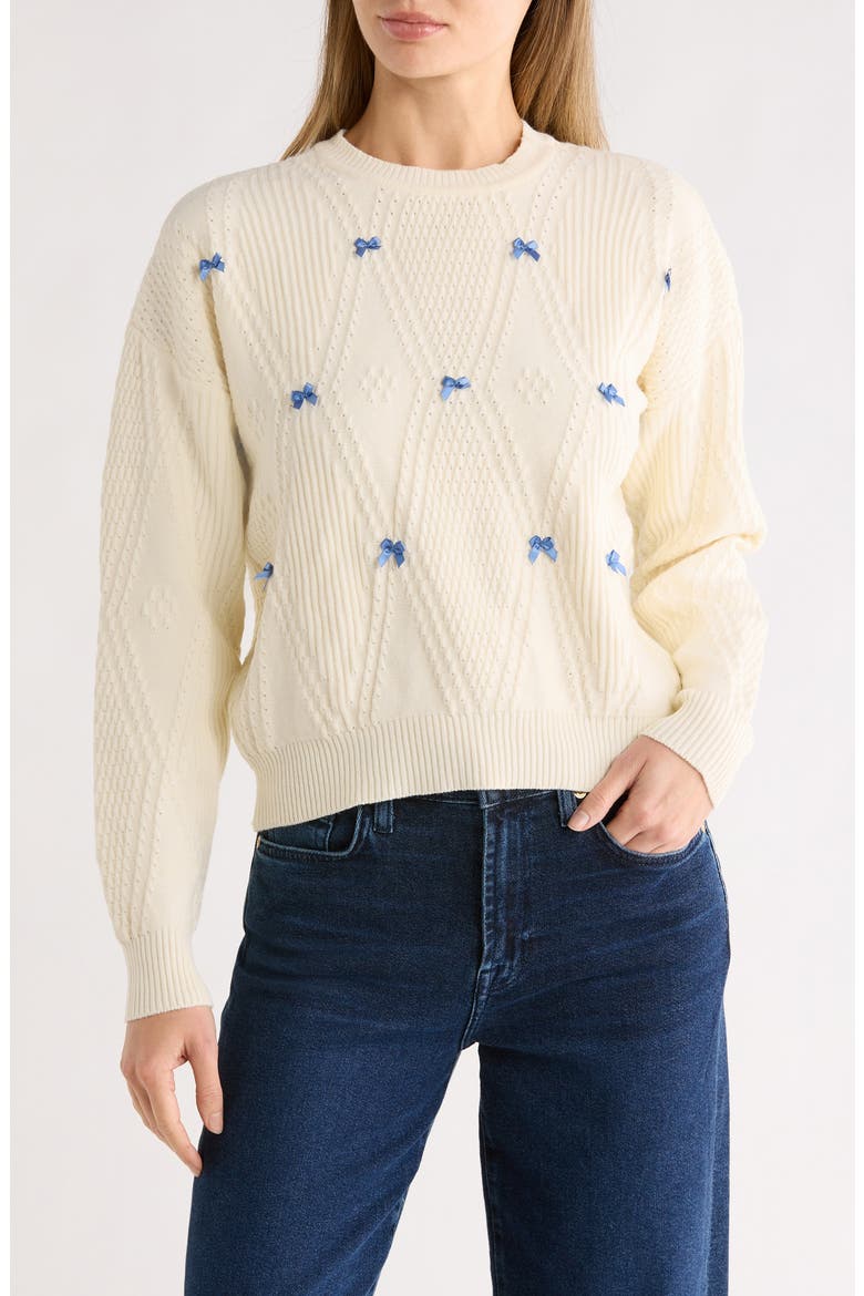 3D Bow Pointelle Sweater, Main, color, CANNOLI CREAM/ BLUE
