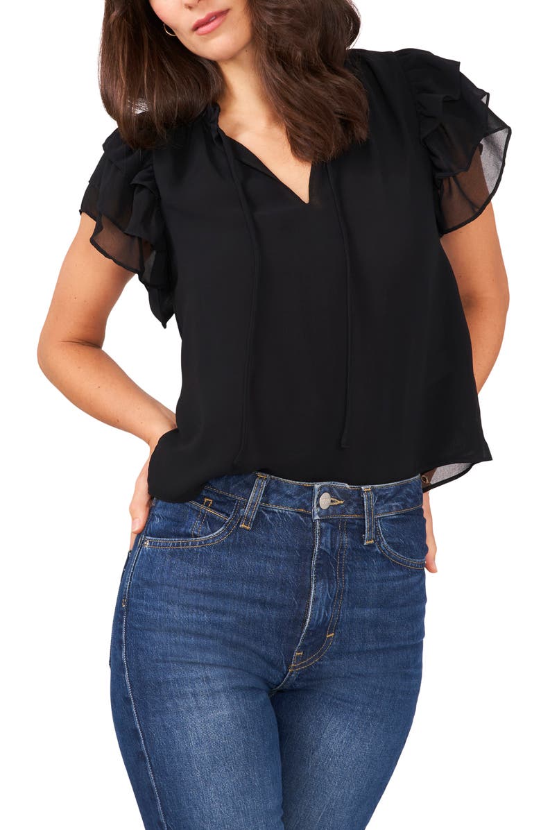 1.STATE Flutter Sleeve Split Neck Chiffon Blouse, Main, color, 