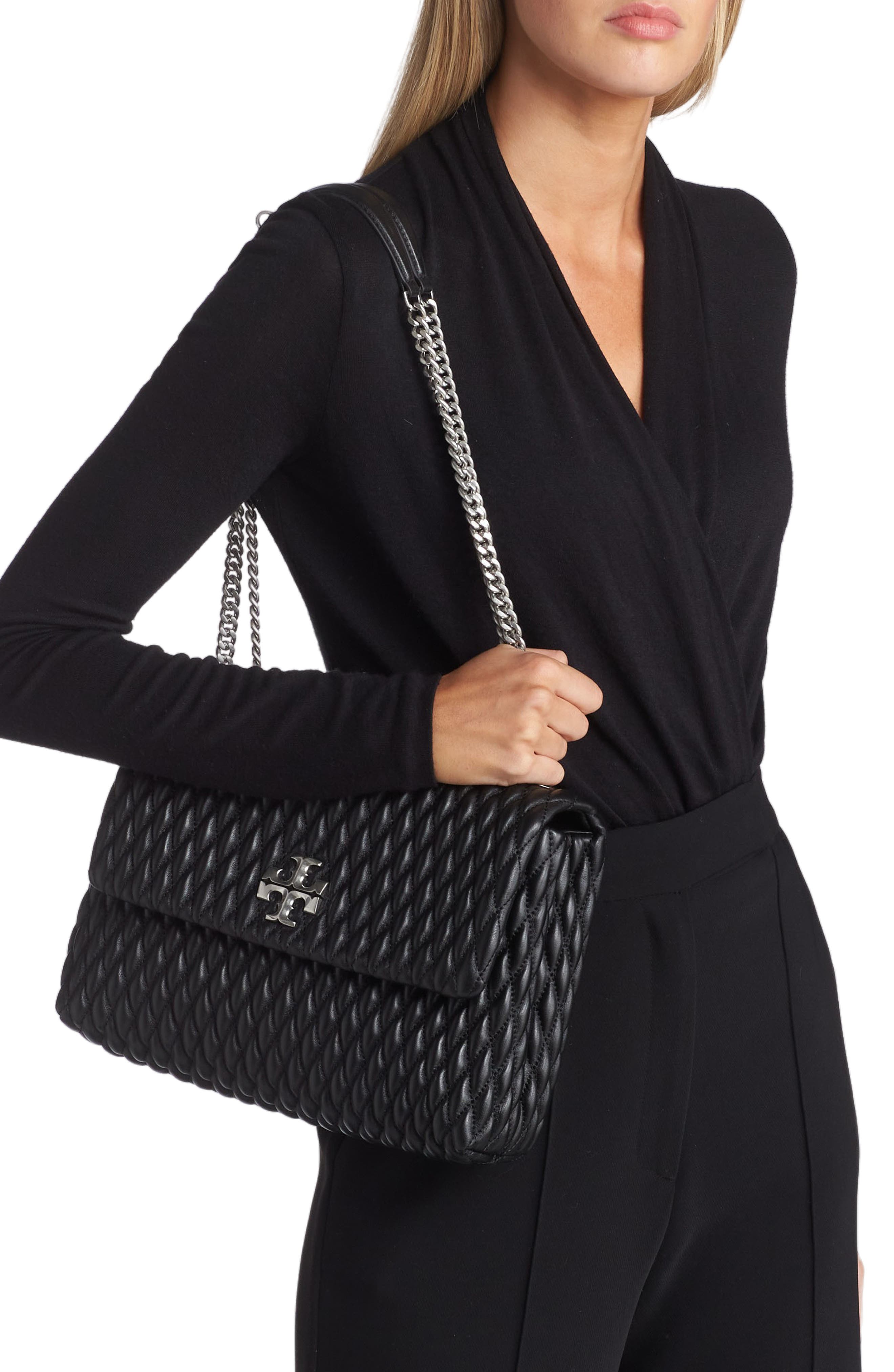 Tory Burch Kira Ruched Leather Convertible Shoulder Bag, Alternate, color, 