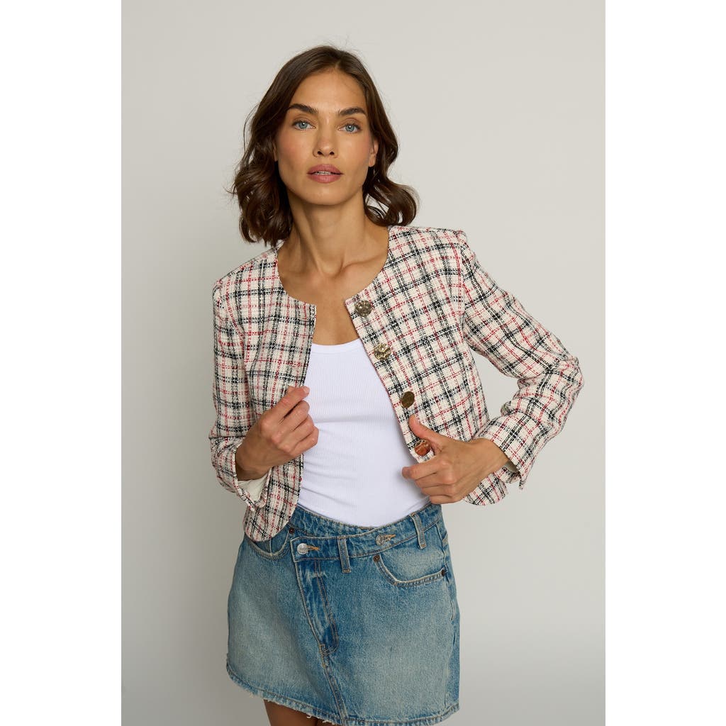 Central Park West Plaid Big Button Collarless Jacket