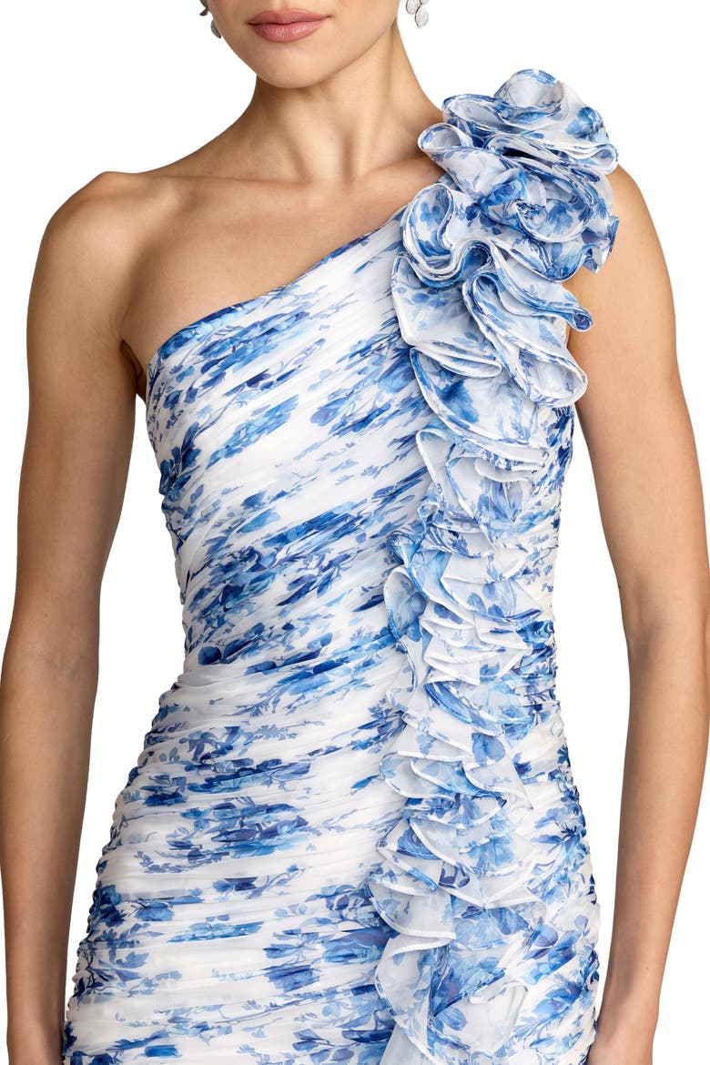 Printed Chiffon One Shoulder Ruched Ruffle Gown, Alternate, color, Blue Multi