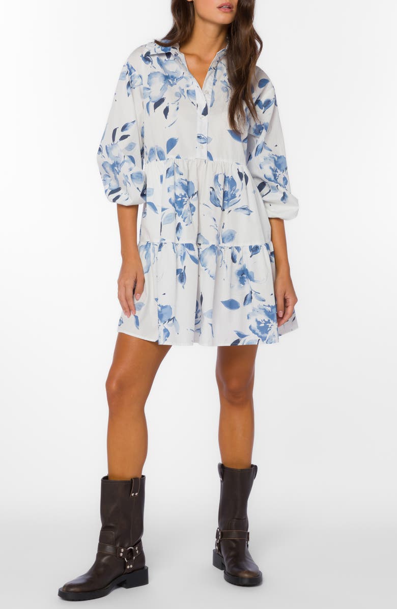 VELVET HEART Floral Balloon Sleeve Cotton Tiered Shirtdress, Main, color,
