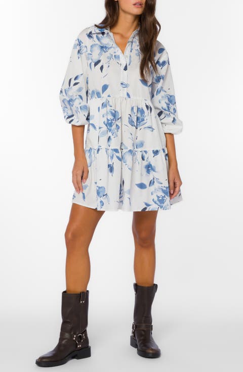 Floral Balloon Sleeve Cotton Tiered Shirtdress