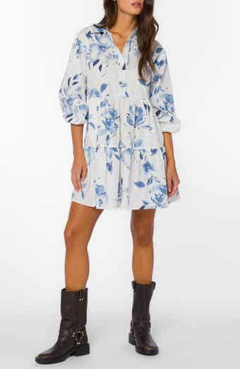 VELVET HEART Floral Balloon Sleeve Cotton Tiered Shirtdress