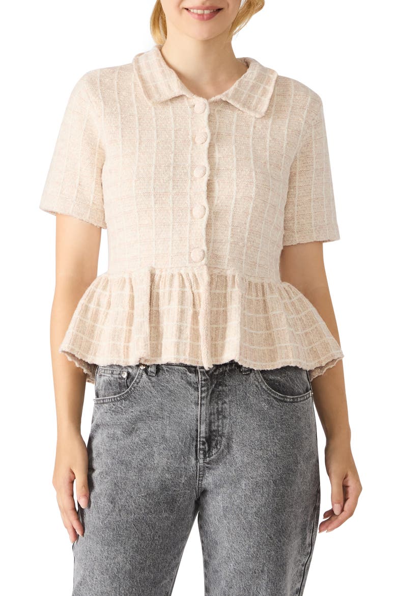 Roxanna Peplum Tweed Button-Up Top, Main, color, BEIGE/ WHITE