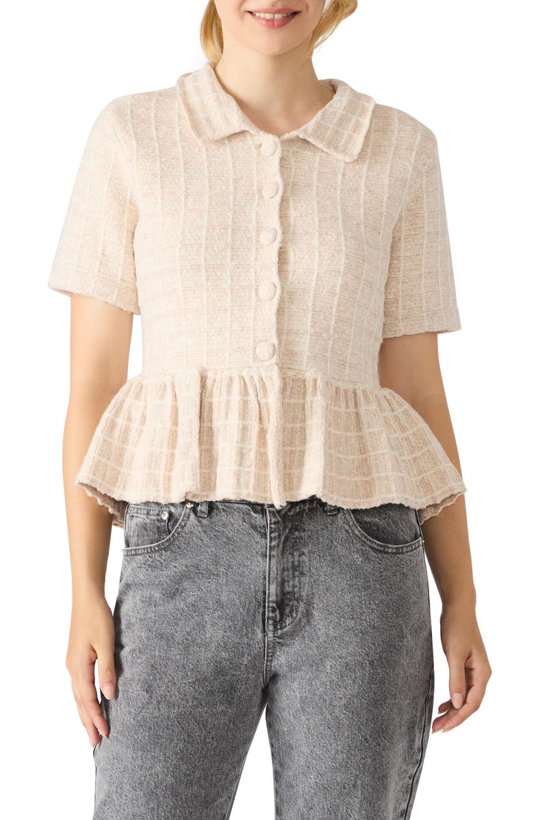 Steve Madden Roxanna Peplum Tweed Button-Up Top, Main, color, Beige/ White