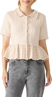 Steve Madden Roxanna Peplum Tweed Button-Up Top