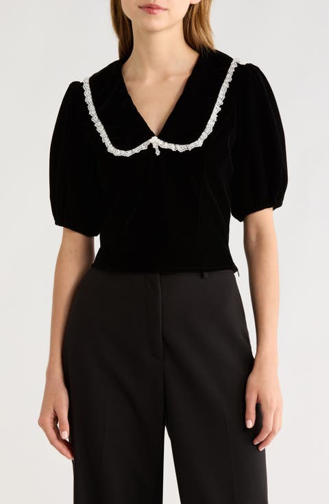 Velvet Embroidered Peter Pan Collar Crop Top