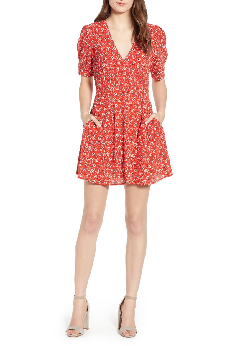 Ditsy Floral A-Line Minidress, Main, color, CORAL/ IVORY