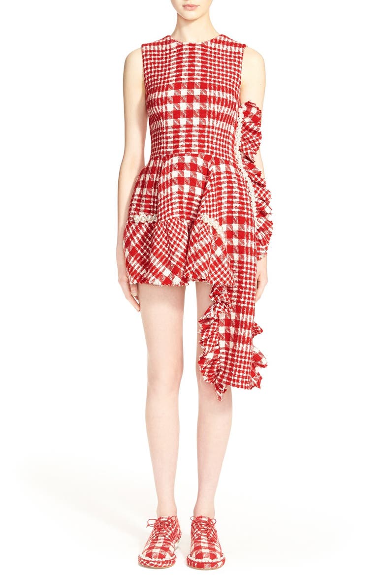 Plaid Tweed Drop Hem Dress, Alternate, color, RED