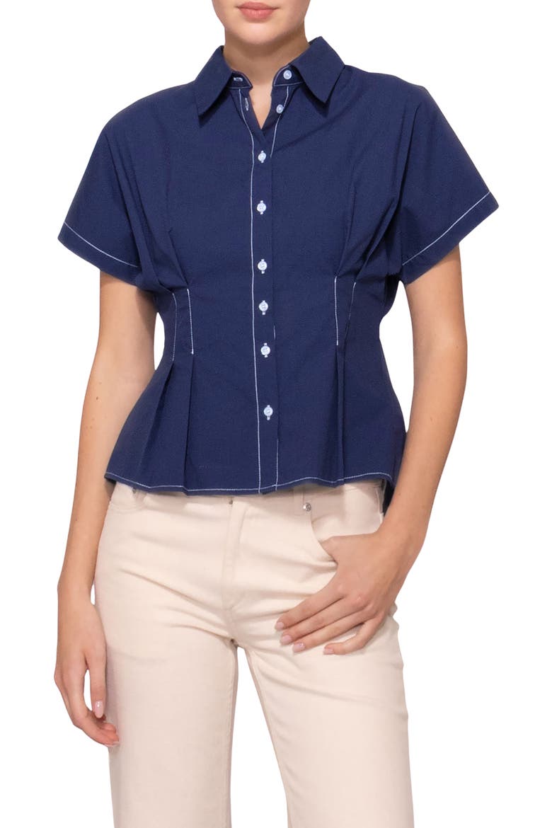 Godet Short Sleeve Button-Up Shirt, Main, color, NAVY