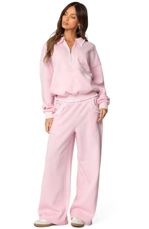 Shop Edikted Ashtin Ruffle Trim Wide Leg Sweatpants In Light-pink