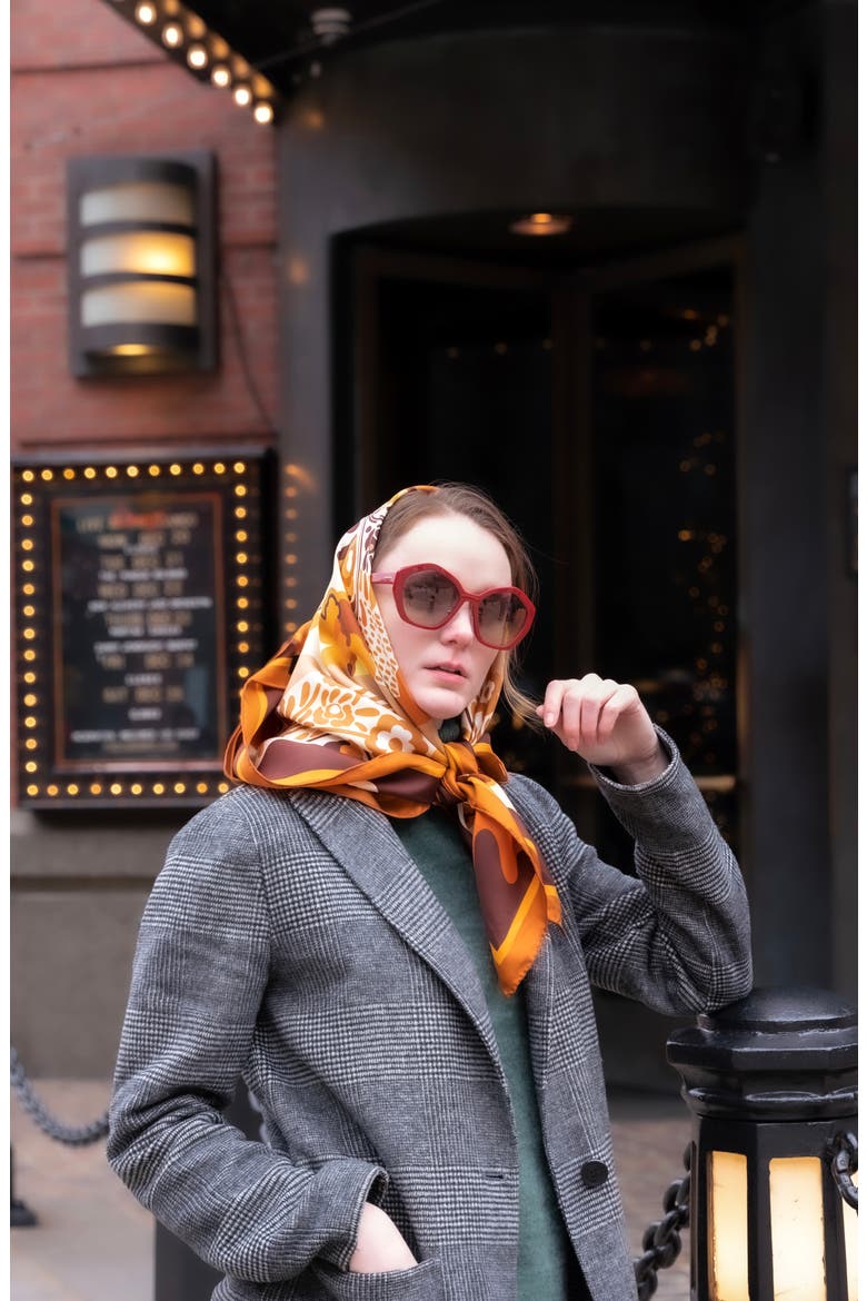 Double Sided Silk Scarf Of Leopards With Floral Fountain, Alternate, color, Brown