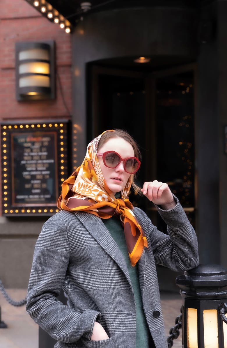 Jessie Zhao New York Double Sided Silk Scarf Of Leopards With Floral Fountain, Alternate, color, Brown