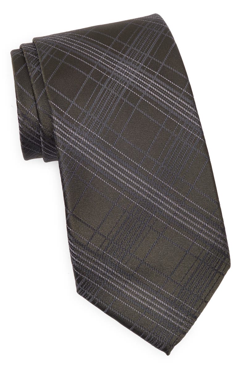 Calvin Klein Jayden Plaid Print Tie, Main, color, Olive Green